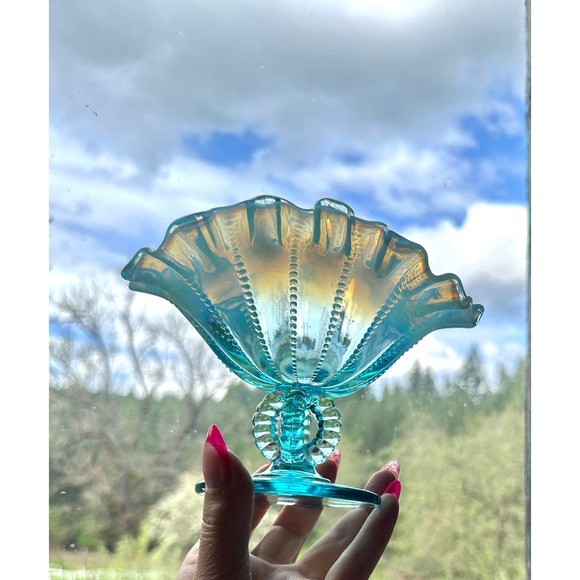 Vintage Fenton For LG Wright Blue Opalescent Beaded Footed Ruffled Edge Compote - Picture 4 of 14